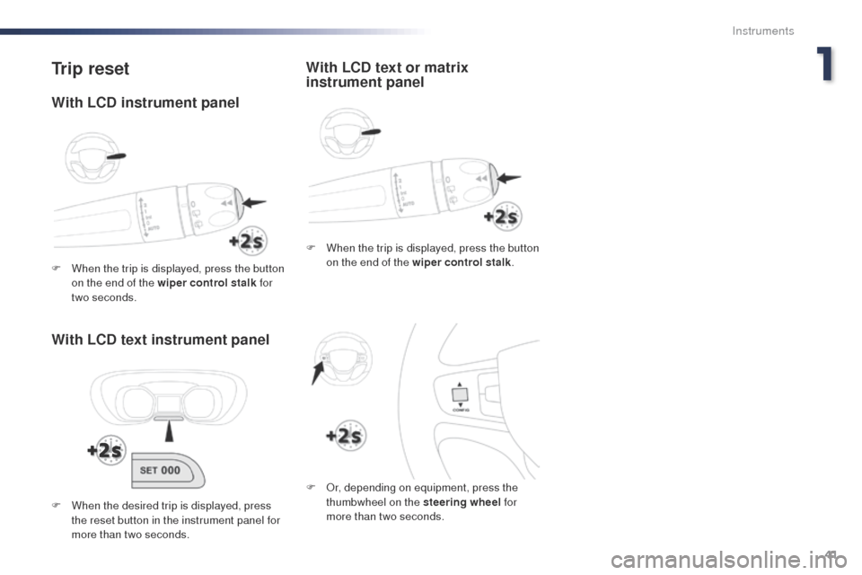 Peugeot Expert VU 2016  Owners Manual - RHD (UK, Australia) 41
Trip reset
With LCD text instrument panel
F When the trip is displayed, press the button on the end of the wiper control stalk .
F
  o
r
 , depending on equipment, press the 
thumbwheel on the stee
