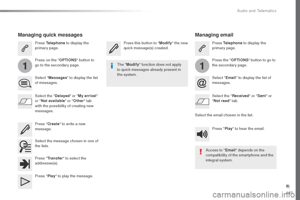 Peugeot Expert VU 2016 Owners Manual - RHD (UK, Australia) 467
11
Managing email
Press this button to "Modify" the new
quick message(s) created. Press Telephone
to display the
primary page.
Press the " OPTIONS" button to go to
the secondary page.
Select " Peugeot Expert VU 2016 Owners Manual - RHD (UK, Australia) 467
11
Managing email
Press this button to "Modify" the new
quick message(s) created. Press Telephone
to display the
primary page.
Press the " OPTIONS" button to go to
the secondary page.
Select "