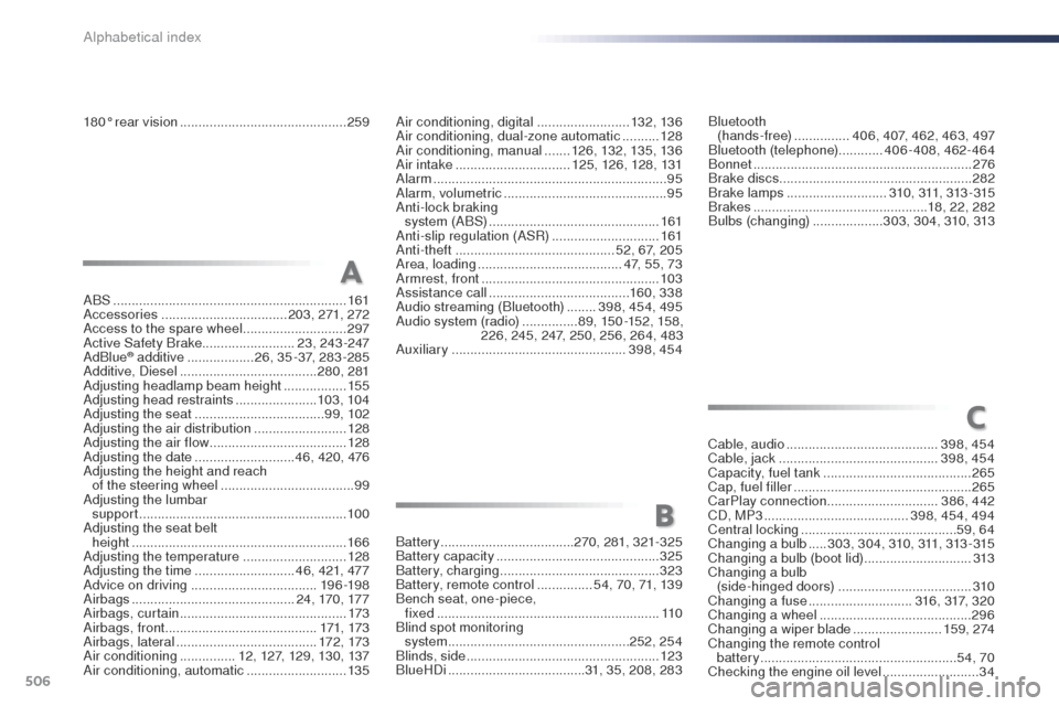 Peugeot Expert VU 2016 Owners Manual - RHD (UK, Australia) 506
180° rear vision .............................................25 9
ABS
........
....................................................... 161
Accessories
.................................. 203 Peugeot Expert VU 2016 Owners Manual - RHD (UK, Australia) 506
180° rear vision .............................................25 9
ABS
........
....................................................... 161
Accessories
.................................. 203