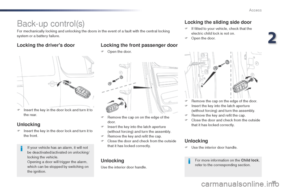 Peugeot Expert VU 2016  Owners Manual - RHD (UK, Australia) 53
B a c k- u p  c o nt r o l (s)
Locking the drivers doorLocking the front passenger door
F  open the door.
For mechanically locking and unlocking the doors in the event of a fault with the central 