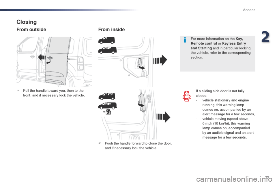 Peugeot Expert VU 2016  Owners Manual - RHD (UK, Australia) 77
If a sliding side door is not fully 
closed:
- 
v
 ehicle stationary and engine 
running, this warning lamp 
comes on, accompanied by an 
alert message for a few seconds,
-
 
v
 ehicle moving (spee