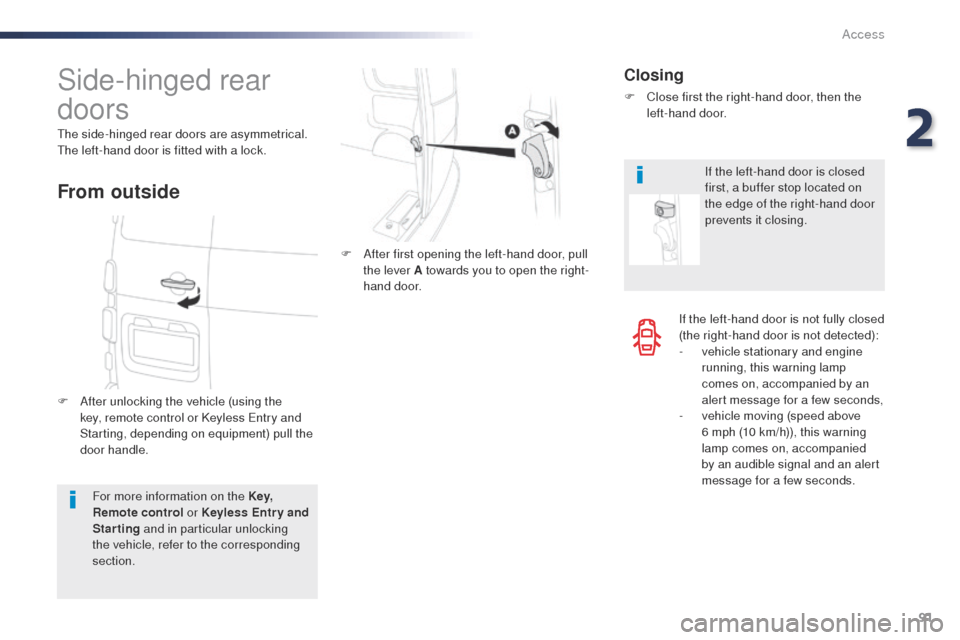 Peugeot Expert VU 2016  Owners Manual - RHD (UK, Australia) 91
If the left-hand door is not fully closed 
(the right-hand door is not detected):
- 
v
 ehicle stationary and engine 
running, this warning lamp 
comes on, accompanied by an 
alert message for a fe
