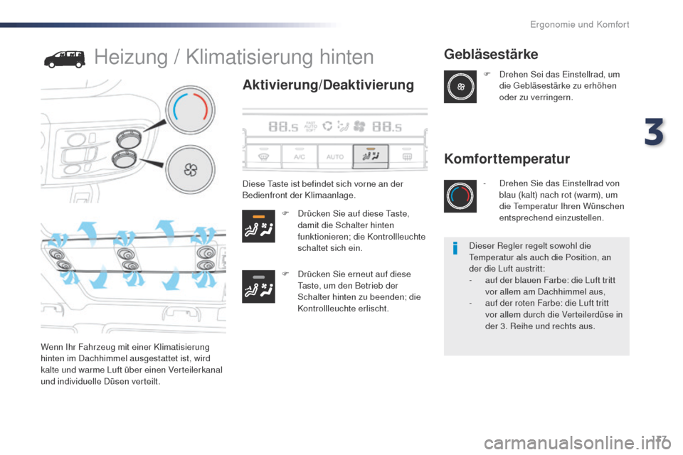 Peugeot Expert VU 2016  Betriebsanleitung (in German) 137
Expert_de_Chap03_ergonomie-et-confort_ed01-2016
Heizung / Klimatisierung hinten
Aktivierung/Deaktivierung
F Drücken Sie auf diese ta ste, 
damit die Schalter hinten 
funktionieren; die Kontrollle