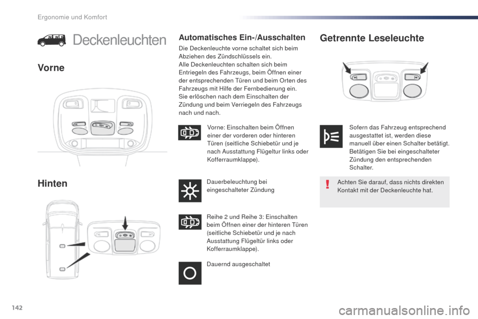 Peugeot Expert VU 2016  Betriebsanleitung (in German) 142
Expert_de_Chap03_ergonomie-et-confort_ed01-2016
Getrennte Leseleuchte
HintenDeckenleuchtenAutomatisches Ein-/Ausschalten
Die Deckenleuchte vorne schaltet sich beim 
Abziehen des Zündschlüssels e