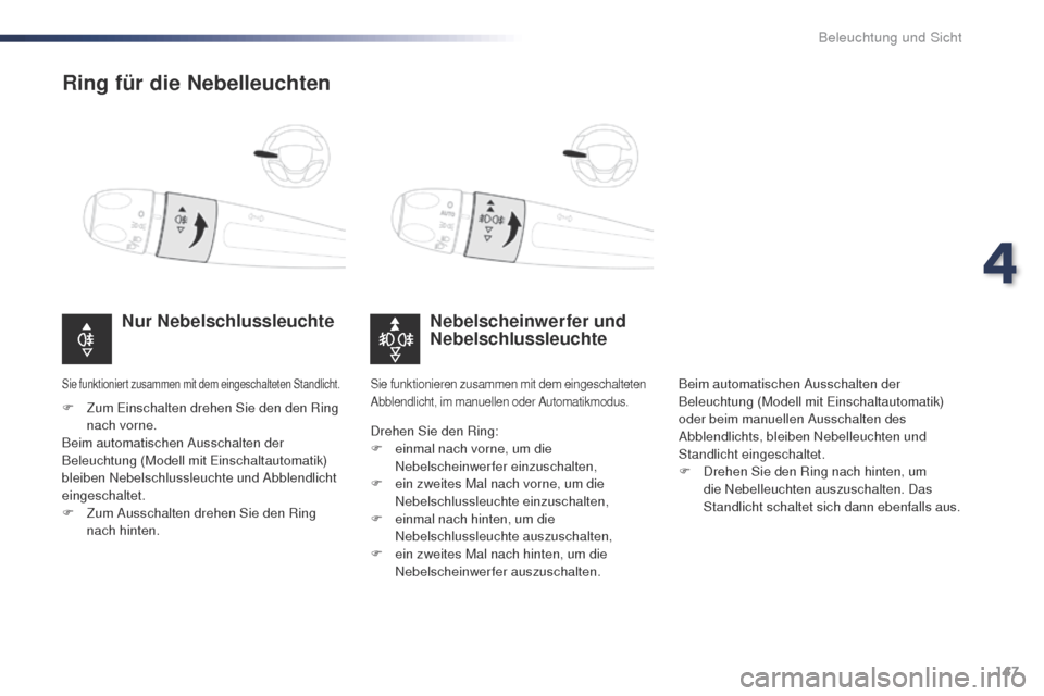 Peugeot Expert VU 2016  Betriebsanleitung (in German) 147
Expert_de_Chap04_eclairage-et-visibilite_ed01-2016
Ring für die Nebelleuchten
Nebelscheinwerfer und 
Nebelschlussleuchte
Nur Nebelschlussleuchte
F Zum Einschalten drehen Sie den den Ring 
nach vo
