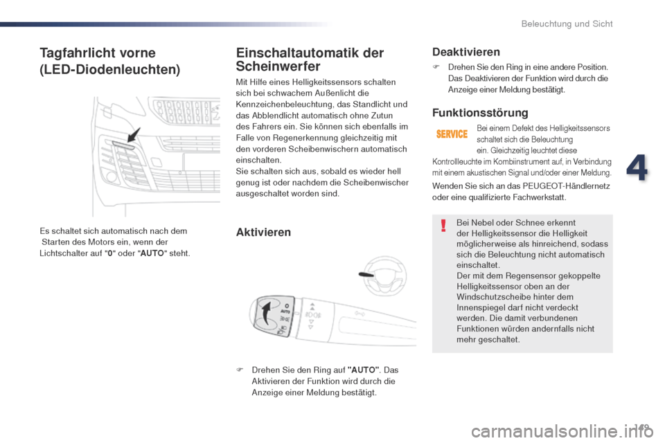 Peugeot Expert VU 2016  Betriebsanleitung (in German) 149
Expert_de_Chap04_eclairage-et-visibilite_ed01-2016
Tagfahrlicht vorne
(LED-Diodenleuchten)
Es schaltet sich automatisch nach dem 
 Starten des Motors ein, wenn der 
Lichtschalter  auf "0" oder " A