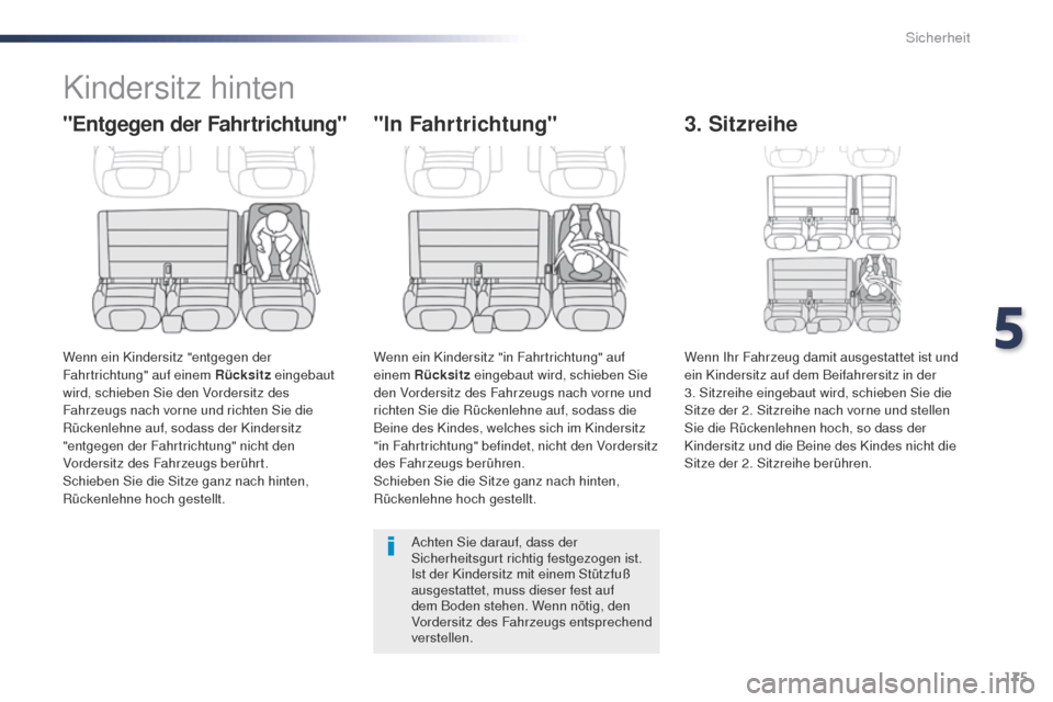 Peugeot Expert VU 2016  Betriebsanleitung (in German) 175
Expert_de_Chap05_securite_ed01-2016
Kindersitz hinten
"Entgegen der Fahrtrichtung"
Wenn ein Kindersitz "entgegen der 
Fahrtrichtung" auf einem Rücksitz eingebaut 
wird, schieben Sie den Vordersit