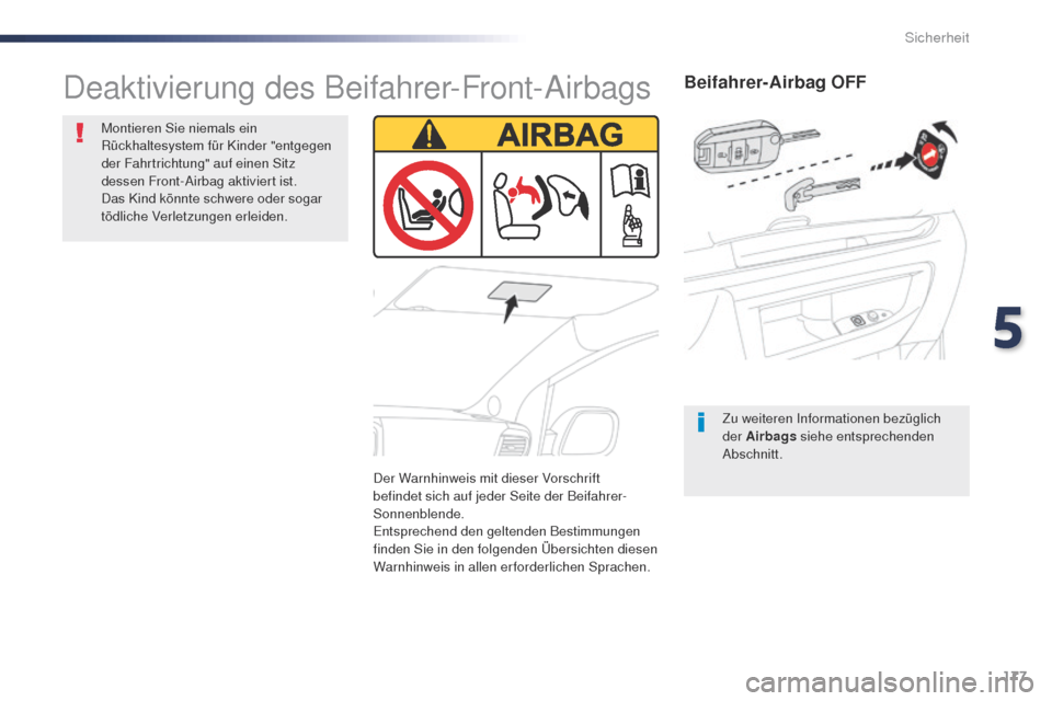 Peugeot Expert VU 2016  Betriebsanleitung (in German) 177
Expert_de_Chap05_securite_ed01-2016
Beifahrer-Airbag OFF
Zu weiteren Informationen bezüglich 
der Airbags siehe entsprechenden 
Abschnitt.
Deaktivierung des Beifahrer-Front-Airbags
Montieren Sie 
