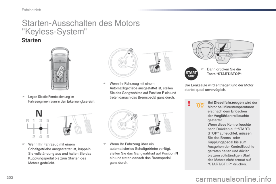 Peugeot Expert VU 2016  Betriebsanleitung (in German) 202
Expert_de_Chap06_conduite_ed01-2016
Bei Dieselfahrzeugen wird der 
Motor bei Minustemperaturen 
erst nach dem Erlöschen 
der Vorglühkontrollleuchte 
gestartet.
Wenn diese Kontrollleuchte 
nach D
