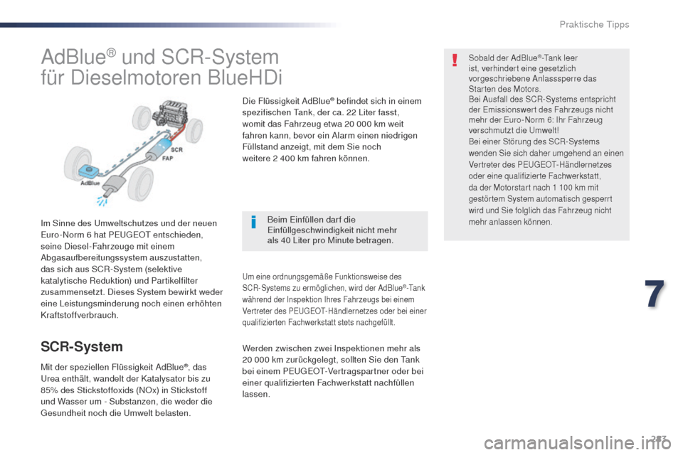 Peugeot Expert VU 2016  Betriebsanleitung (in German) 283
Expert_de_Chap07_info-pratiques_ed01-2016
AdBlue® und SCR-System
für Dieselmotoren BlueHDi
Im Sinne des um weltschutzes und der neuen 
Euro-Norm 6 hat PEu gE Ot  entschieden, 
seine Diesel-Fahrz
