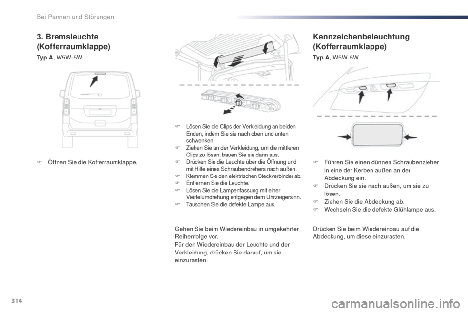 Peugeot Expert VU 2016 Betriebsanleitung (in German) 314
Expert_de_Chap08_En-cas-de-panne_ed01-2016
Drücken Sie beim Wiedereinbau auf die
Abdeckung, um diese einzurasten.
F
Lösen Sie die Clips der Verkleidung an beiden
Enden, indem Sie sie nach ob Peugeot Expert VU 2016 Betriebsanleitung (in German) 314
Expert_de_Chap08_En-cas-de-panne_ed01-2016
Drücken Sie beim Wiedereinbau auf die
Abdeckung, um diese einzurasten.
F
Lösen Sie die Clips der Verkleidung an beiden
Enden, indem Sie sie nach ob