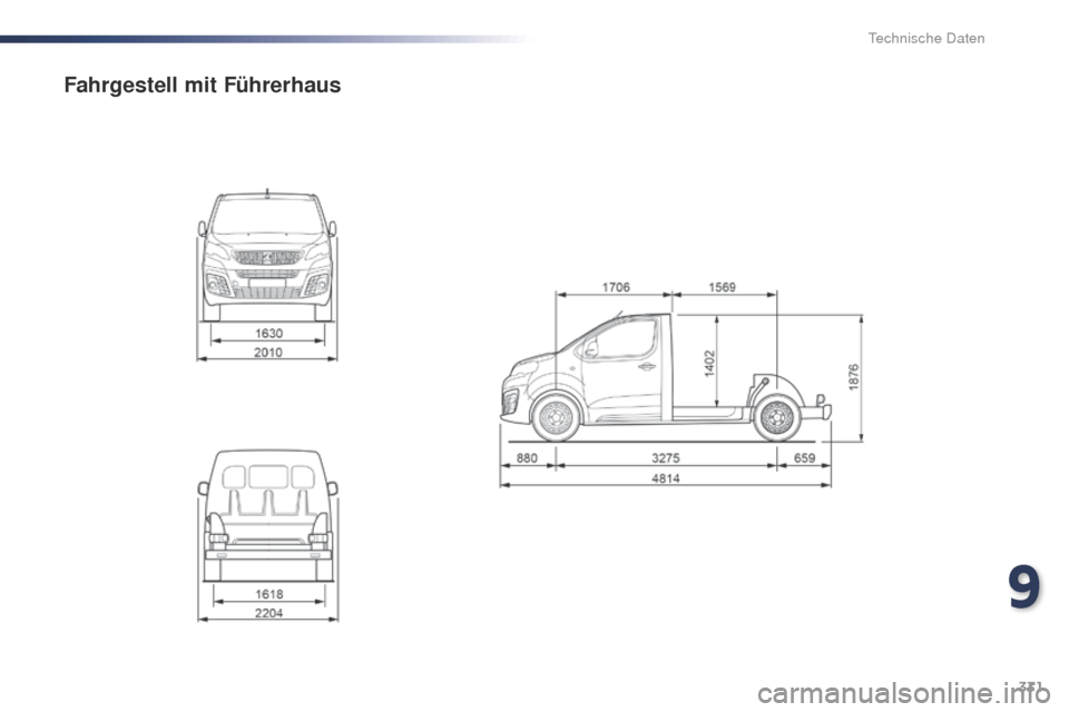 Peugeot Expert VU 2016  Betriebsanleitung (in German) 331
Expert_de_Chap09_caracteristiques-techniques_ed01-2016
Fahrgestell mit Führerhaus
9 
technische Daten  