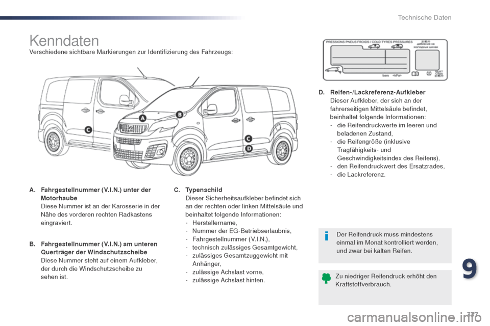 Peugeot Expert VU 2016  Betriebsanleitung (in German) 337
Expert_de_Chap09_caracteristiques-techniques_ed01-2016
KenndatenVerschiedene sichtbare Markierungen zur Identifizierung des Fahrzeugs:
A.
 F
ahrgestellnummer (V.I.N.) unter der 
Motorhaube  
 D

i