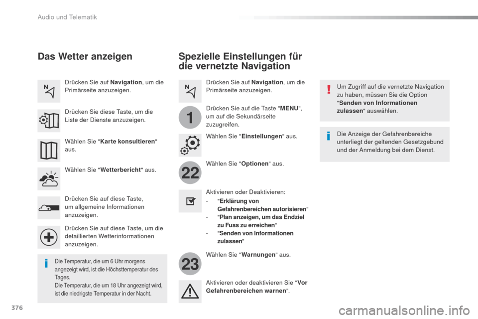 Peugeot Expert VU 2016  Betriebsanleitung (in German) 376
22
23
1
Expert_de_Chap10b_NAC-1_ed01-2016
Spezielle Einstellungen für 
die vernetzte Navigation
um Zugriff auf die vernetzte Navigation 
zu haben, müssen Sie die Option 
"Senden von Informatione