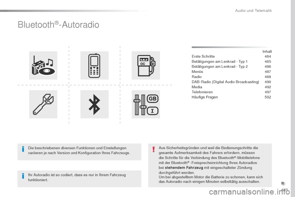 Peugeot Expert VU 2016  Betriebsanleitung (in German) 483
Expert_de_Chap10d_RD6_ed01-2016
Bluetooth®-Autoradio
Inhalt
Erste Schritte
 4 84
Betätigungen am Lenkrad - 
t
y

p 1
 
4
 85
Betätigungen am Lenkrad - 
t
y

p 2
 
4
 86
Menüs
 
4
 87
Radio
  4