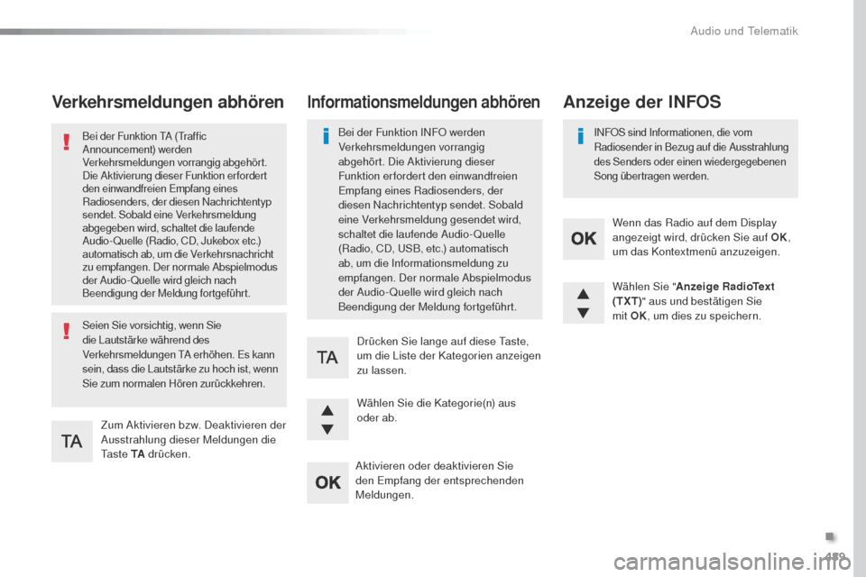 Peugeot Expert VU 2016  Betriebsanleitung (in German) 489
Expert_de_Chap10d_RD6_ed01-2016
Verkehrsmeldungen abhören
Zum Aktivieren bzw. Deaktivieren der 
Ausstrahlung dieser Meldungen die 
t
a s t e  TA  drücken.
Bei der Funktion tA (tr affic 
Announce