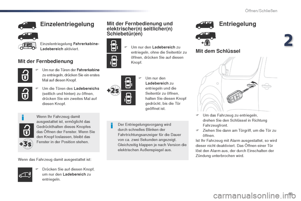 Peugeot Expert VU 2016 Betriebsanleitung (in German) 49
Expert_de_Chap02_ouvertures_ed01-2016
Mit dem Schlüssel
F um nur die tü ren der Fahrerkabine
zu entriegeln, drücken Sie ein erstes
Mal auf diesen Knopf.
F um die tü ren des Ladebereichs
Peugeot Expert VU 2016 Betriebsanleitung (in German) 49
Expert_de_Chap02_ouvertures_ed01-2016
Mit dem Schlüssel
F um nur die tü ren der Fahrerkabine
zu entriegeln, drücken Sie ein erstes
Mal auf diesen Knopf.
F um die tü ren des Ladebereichs