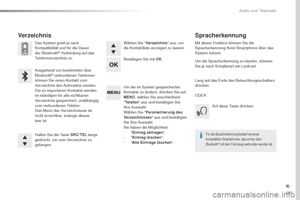 Peugeot Expert VU 2016  Betriebsanleitung (in German) 501
Expert_de_Chap10d_RD6_ed01-2016
um die im System gespeicherten 
Kontakte zu ändern, drücken Sie auf 
MENÜ, wählen Sie anschließend 
" Telefon " aus und bestätigen Sie 
Ihre Auswahl.
Wählen 