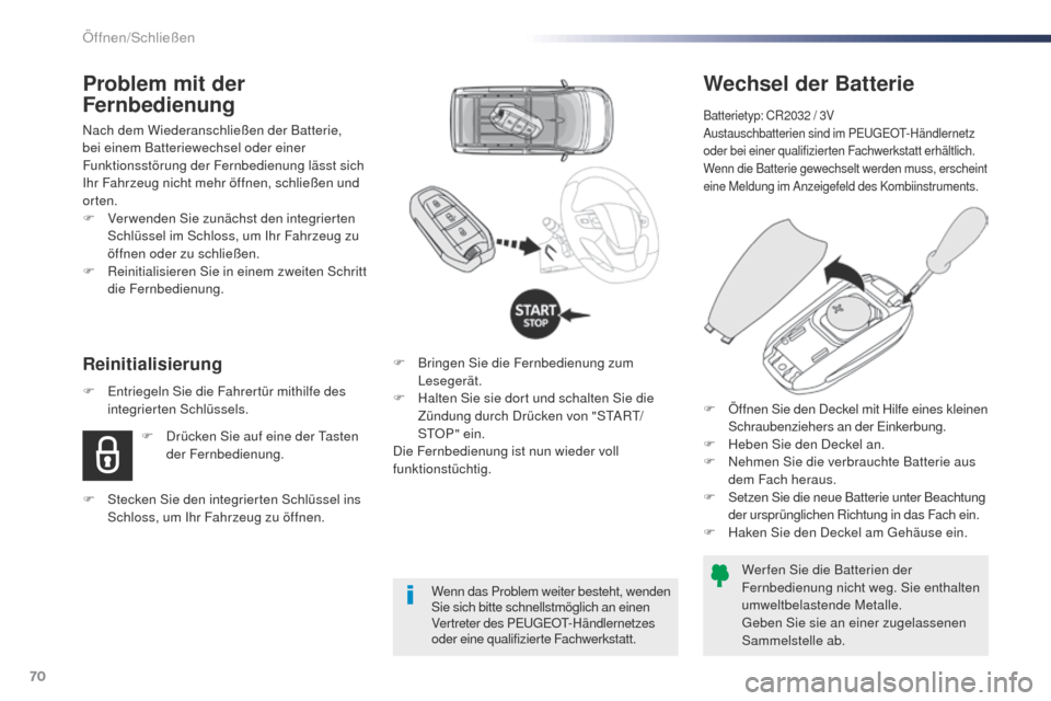 Peugeot Expert VU 2016 Betriebsanleitung (in German) 70
Expert_de_Chap02_ouvertures_ed01-2016
Wechsel der Batterie
Batterietyp: CR2032 / 3V
Austauschbatterien sind im PEugE Ot- Händlernetz
oder bei einer qualifizierten Fachwerkstatt erhältlich.
Wenn Peugeot Expert VU 2016 Betriebsanleitung (in German) 70
Expert_de_Chap02_ouvertures_ed01-2016
Wechsel der Batterie
Batterietyp: CR2032 / 3V
Austauschbatterien sind im PEugE Ot- Händlernetz
oder bei einer qualifizierten Fachwerkstatt erhältlich.
Wenn
