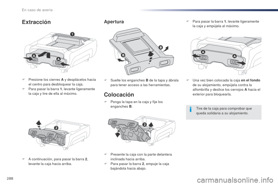 Peugeot Expert VU 2016  Manual del propietario (in Spanish) 288
Expert_es_Chap08_En-cas-de-panne_ed01-2016
Colocación
F Presione los cierres A y desplácelos hacia el centro para desbloquear la caja.
F
 
P
 ara pasar la barra 1 , levante ligeramente 
la caja 