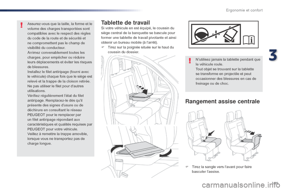 Peugeot Expert VU 2016  Manuel du propriétaire (in French) 109
Tablette de travailSi votre véhicule en est équipé, le coussin du 
siège central de la banquette se bascule pour 
former une tablette de travail pivotante et ainsi 
obtenir un bureau mobile (
