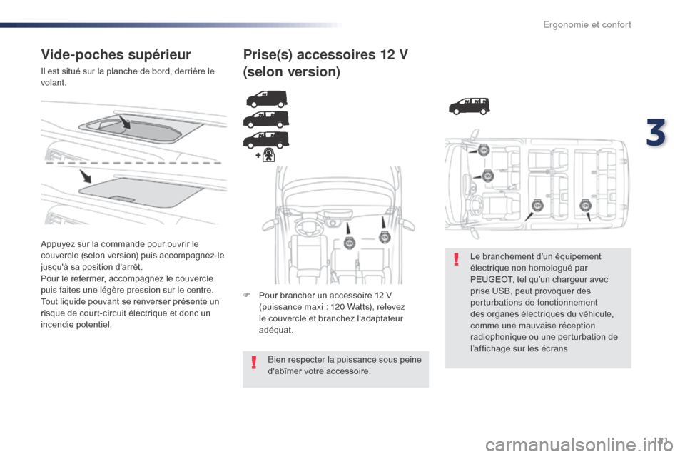 Peugeot Expert VU 2016  Manuel du propriétaire (in French) 121
Vide-poches supérieur
Il est situé sur la planche de bord, derrière le 
volant.
Appuyez sur la commande pour ouvrir le 
couvercle (selon version) puis accompagnez-le 
jusquà sa position darr