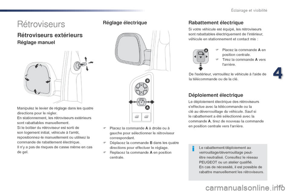 Peugeot Expert VU 2016  Manuel du propriétaire (in French) 143
F Placez la commande A à droite ou à gauche pour sélectionner le rétroviseur 
correspondant.
F
 
D
 éplacez la commande B dans les quatre 
directions pour effectuer le réglage.
F
 
R
 eplace