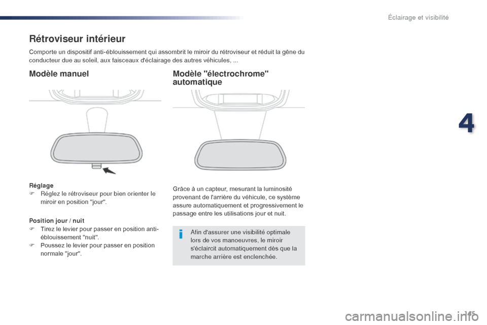 Peugeot Expert VU 2016  Manuel du propriétaire (in French) 145
Rétroviseur intérieur
Comporte un dispositif anti-éblouissement qui assombrit le miroir du rétroviseur et réduit la gêne du 
conducteur due au soleil, aux faisceaux déclairage des autres v