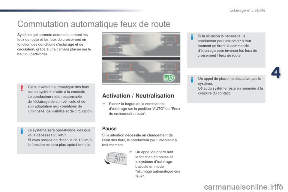 Peugeot Expert VU 2016  Manuel du propriétaire (in French) 153
Commutation automatique feux de route
Système qui permute automatiquement les 
feux de route et les feux de croisement en 
fonction des conditions déclairage et de 
circulation, grâce à une c