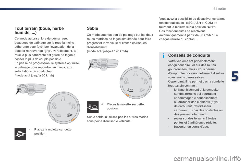 Peugeot Expert VU 2016  Manuel du propriétaire (in French) 165
Ce mode autorise, lors du démarrage, 
beaucoup de patinage sur la roue la moins 
adhérente pour favoriser lévacuation de la 
boue et retrouver du "grip". Parallèlement, la 
roue la plus adhé