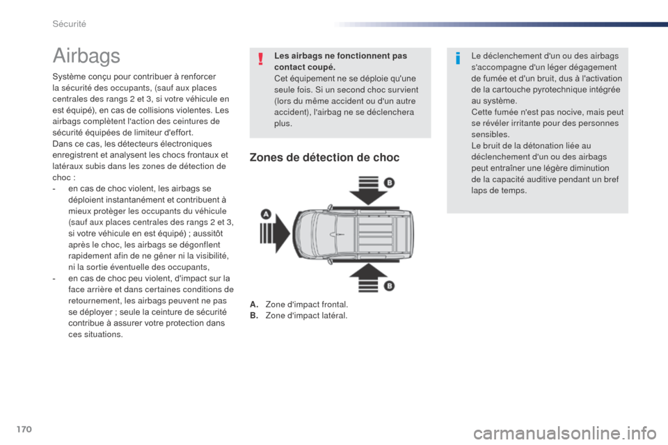 Peugeot Expert VU 2016  Manuel du propriétaire (in French) 170
Airbags
Système conçu pour contribuer à renforcer 
la sécurité des occupants, (sauf aux places 
centrales des rangs 2 et 3, si votre véhicule en 
est équipé), en cas de collisions violente