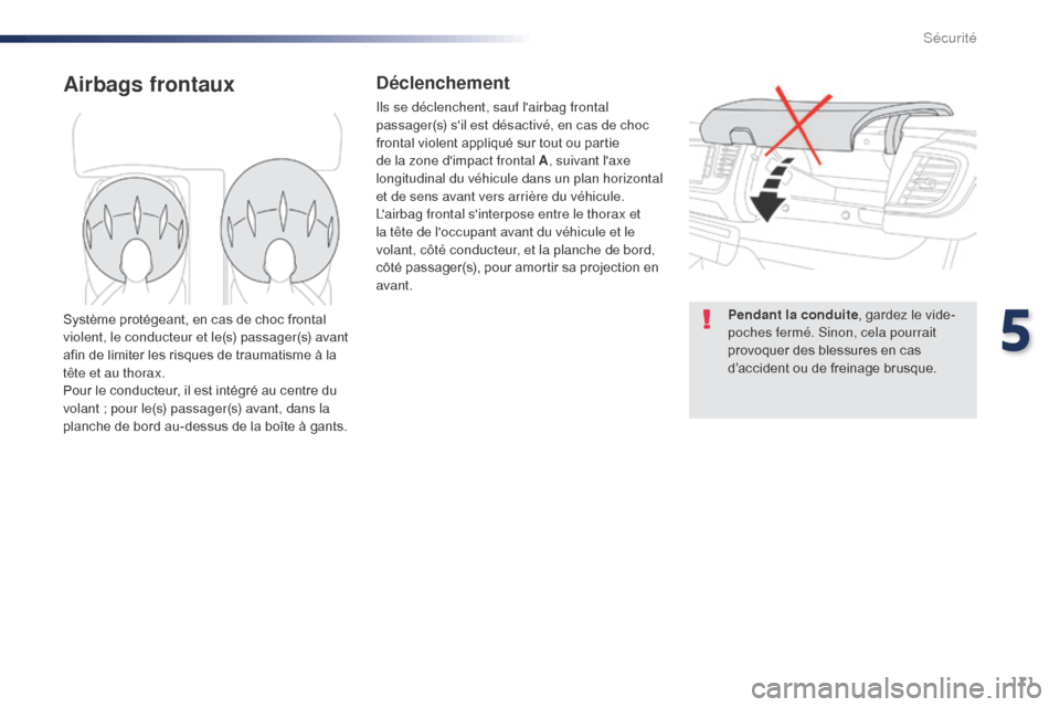 Peugeot Expert VU 2016  Manuel du propriétaire (in French) 171
Airbags frontauxDéclenchement
Ils se déclenchent, sauf lairbag frontal 
passager(s) sil est désactivé, en cas de choc 
frontal violent appliqué sur tout ou partie 
de la zone dimpact front