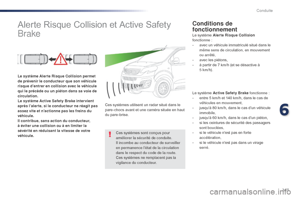 Peugeot Expert VU 2016  Manuel du propriétaire (in French) 243
Alerte Risque Collision et Active Safety 
BrakeConditions de 
fonctionnement
Le système Active Safety Brake fonctionne :
- e ntre 5 km/h et 140 km/h, dans le cas de 
véhicules en mouvement,
-
 
