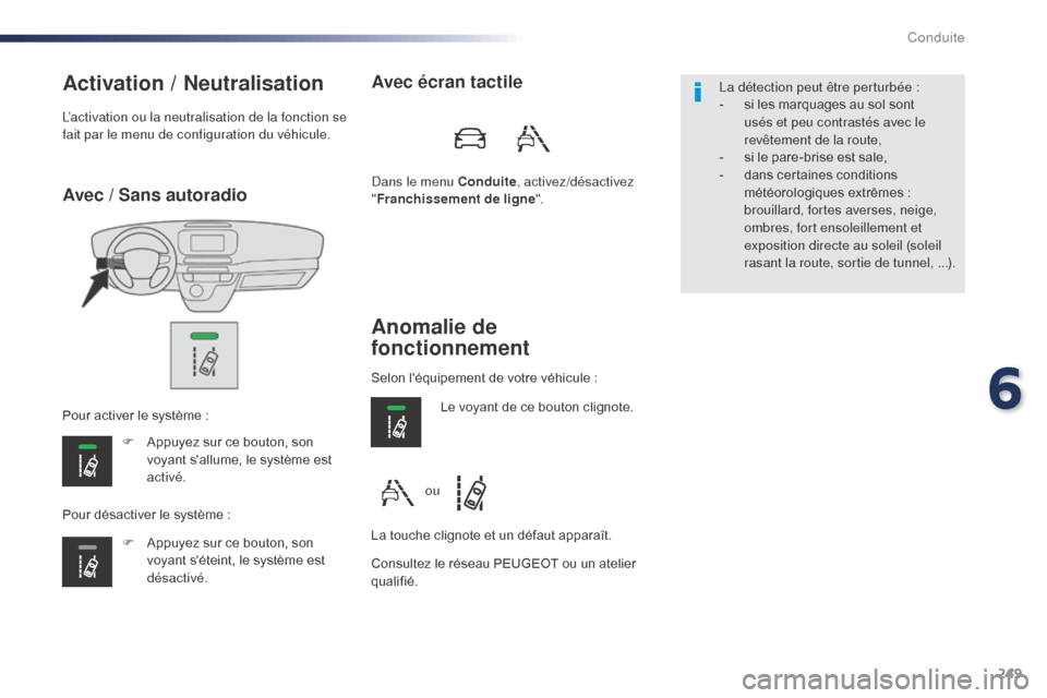 Peugeot Expert VU 2016  Manuel du propriétaire (in French) 249
Avec / Sans autoradio
Activation / Neutralisation
F Appuyez sur ce bouton, son voyant sallume, le système est 
activé.
F
 
A
 ppuyez sur ce bouton, son 
voyant séteint, le système est 
désa