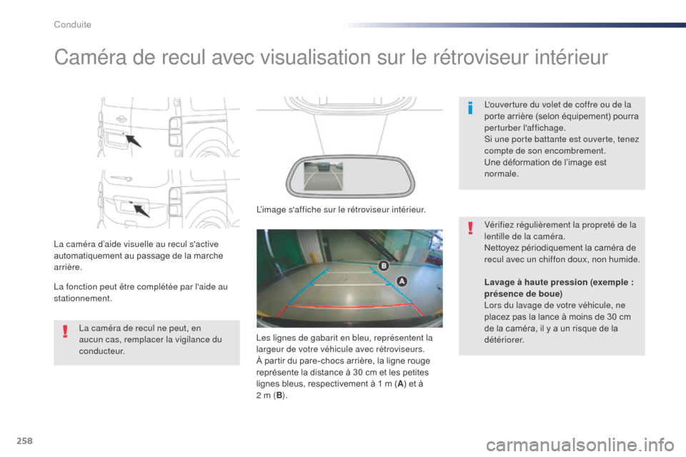 Peugeot Expert VU 2016  Manuel du propriétaire (in French) 258
Caméra de recul avec visualisation sur le rétroviseur intérieur
La caméra d’aide visuelle au recul sactive 
automatiquement au passage de la marche 
arrière.
La fonction peut être complé