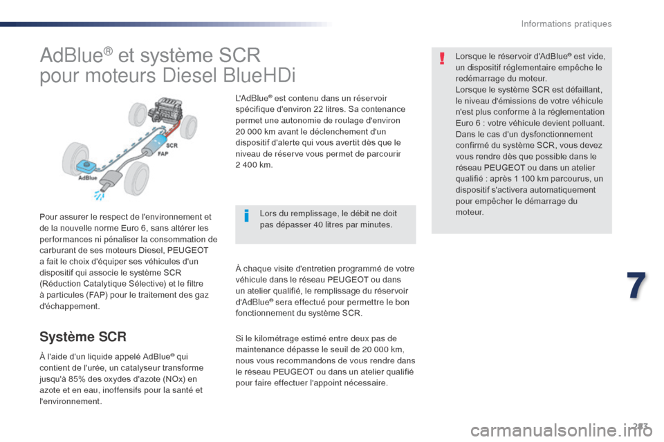 Peugeot Expert VU 2016  Manuel du propriétaire (in French) 283
AdBlue® et système SCR
pour moteurs Diesel BlueHDi
Pour assurer le respect de lenvironnement et 
de la nouvelle norme Euro 6, sans altérer les 
performances ni pénaliser la consommation de 
c