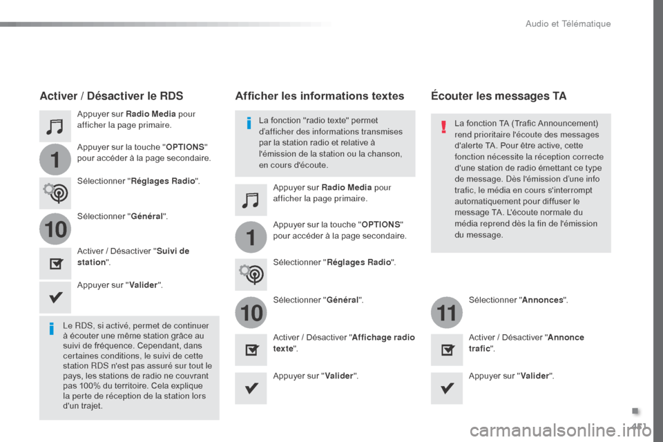 Peugeot Expert VU 2016 Manuel du propriétaire (in French) 451
1
110
1011
Appuyer sur Radio Media pour
afficher la page primaire.
Appuyer sur Radio Media pour
afficher la page primaire.
Appuyer sur la touche "
OPTIONS"
pour accéder à la page secondaire.
Peugeot Expert VU 2016 Manuel du propriétaire (in French) 451
1
110
1011
Appuyer sur Radio Media pour
afficher la page primaire.
Appuyer sur Radio Media pour
afficher la page primaire.
Appuyer sur la touche "
OPTIONS"
pour accéder à la page secondaire.