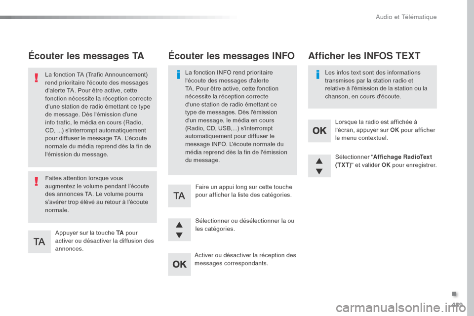 Peugeot Expert VU 2016  Manuel du propriétaire (in French) 489
Écouter les messages TA
Appuyer sur la touche TA pour 
activer ou désactiver la diffusion des 
annonces.
La fonction TA (Trafic Announcement) 
rend prioritaire lécoute des messages 
dalerte T