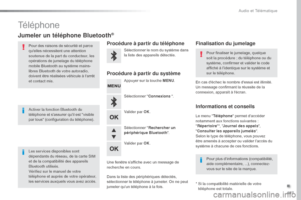 Peugeot Expert VU 2016  Manuel du propriétaire (in French) 497
Téléphone
Jumeler un téléphone Bluetooth®
Pour des raisons de sécurité et parce 
quelles nécessitent une attention 
soutenue de la part du conducteur, les 
opérations de jumelage du tél