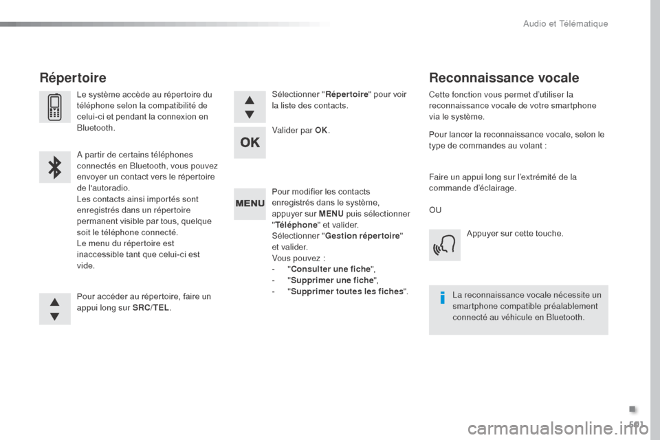Peugeot Expert VU 2016  Manuel du propriétaire (in French) 501
Pour modifier les contacts 
enregistrés dans le système, 
appuyer sur MENU puis sélectionner 
" Téléphone " et valider.
Sélectionner " Gestion répertoire " 
e t va l i d e r.
Vous pouvez :

