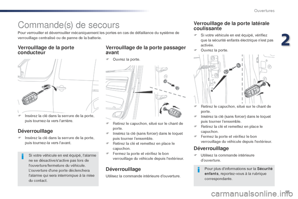 Peugeot Expert VU 2016  Manuel du propriétaire (in French) 53
Commande(s) de secours
Verrouillage de la porte 
conducteurVerrouillage de la porte passager 
avant
F Ouvrez la porte.
Pour verrouiller et déverrouiller mécaniquement les portes en cas de défail