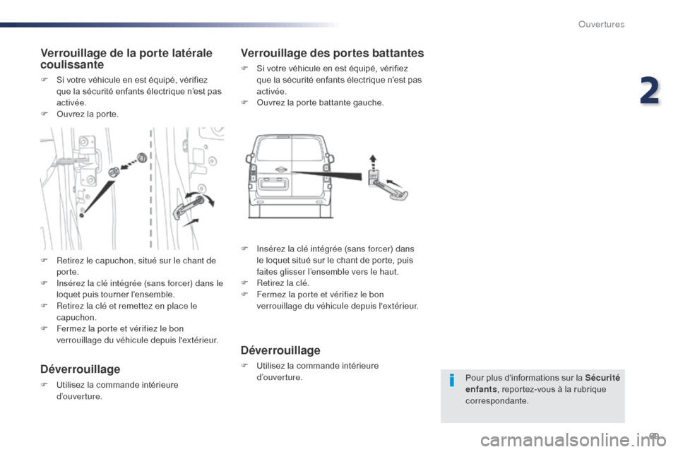 Peugeot Expert VU 2016  Manuel du propriétaire (in French) 69
Pour plus dinformations sur la Sécurité 
enfants, reportez-vous à la rubrique 
correspondante.
Verrouillage de la porte latérale 
coulissante
F Si votre véhicule en est équipé, vérifiez  q