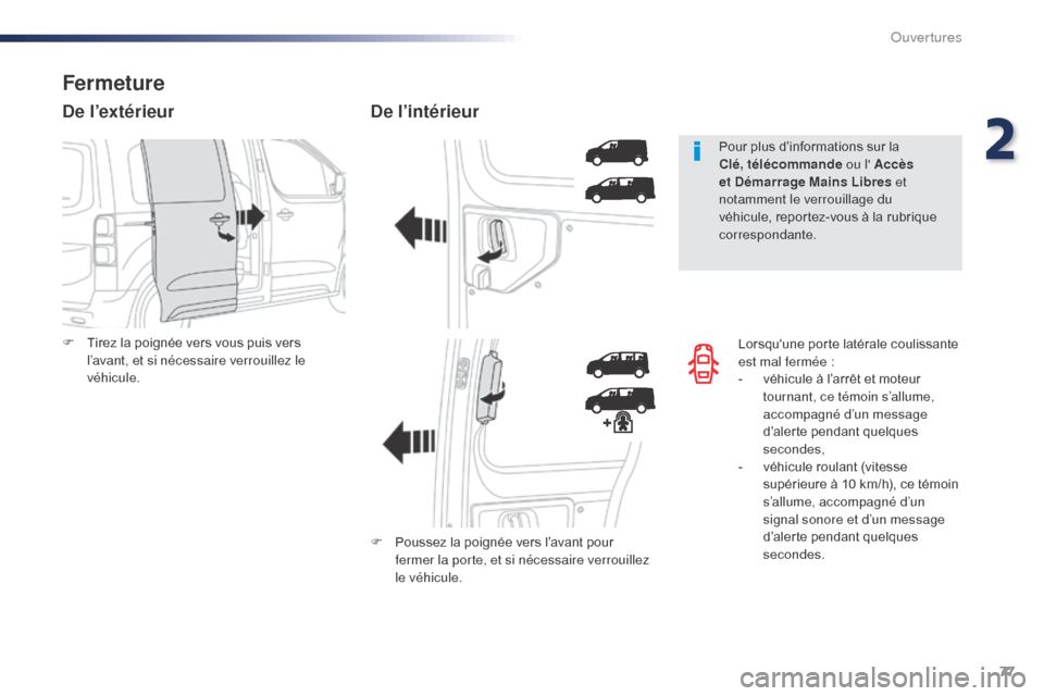 Peugeot Expert VU 2016  Manuel du propriétaire (in French) 77
Lorsquune porte latérale coulissante 
est mal fermée :
- 
v
 éhicule à l’arrêt et moteur 
tournant, ce témoin s’allume, 
accompagné d’un message 
d’alerte pendant quelques 
secondes