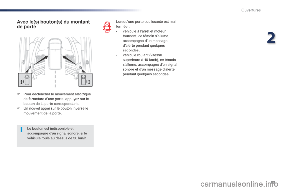 Peugeot Expert VU 2016  Manuel du propriétaire (in French) 83
F Pour déclencher le mouvement électrique de fermeture d’une porte, appuyez sur le 
bouton de la porte correspondante.
F
 
U
 n nouvel appui sur le bouton inverse le 
mouvement de la porte.
Ave