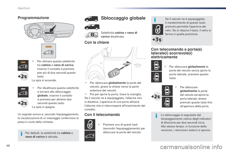 Peugeot Expert VU 2016 Manuale del proprietario (in Italian) 48
Expert_it_Chap02_ouvertures_ed01-2016
F Per attivare questa selettività tra cabina e vano di carico ,
inserire il contatto e premere
pier più di due secondi questo
tasto.
La spia si accende.
Peugeot Expert VU 2016 Manuale del proprietario (in Italian) 48
Expert_it_Chap02_ouvertures_ed01-2016
F Per attivare questa selettività tra cabina e vano di carico ,
inserire il contatto e premere
pier più di due secondi questo
tasto.
La spia si accende.