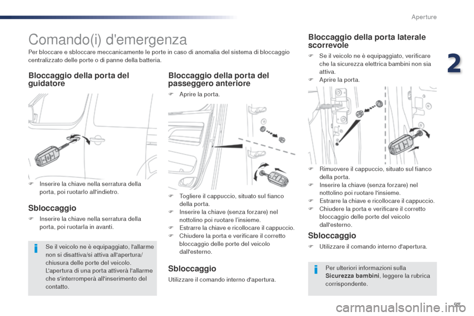 Peugeot Expert VU 2016 Manuale del proprietario (in Italian) 53
Expert_it_Chap02_ouvertures_ed01-2016
Comando(i) demergenza
Bloccaggio della porta del
guidatoreBloccaggio della porta del
passeggero anteriore
F Aprire la porta.
Per bloccare e sbloccare meccan Peugeot Expert VU 2016 Manuale del proprietario (in Italian) 53
Expert_it_Chap02_ouvertures_ed01-2016
Comando(i) demergenza
Bloccaggio della porta del
guidatoreBloccaggio della porta del
passeggero anteriore
F Aprire la porta.
Per bloccare e sbloccare meccan