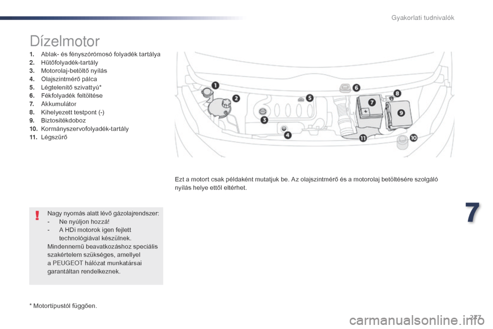 Peugeot Expert VU 2016  Kezelési útmutató (in Hungarian) 277
Expert_hu_Chap07_info-pratiques_ed01-2016
* Motortípustól függően.
Dízelmotor
1. Ablak- és fényszórómosó folyadék tartálya
2. Hűtőfolyadék-tartály
3.
 M

otorolaj-betöltő nyílá