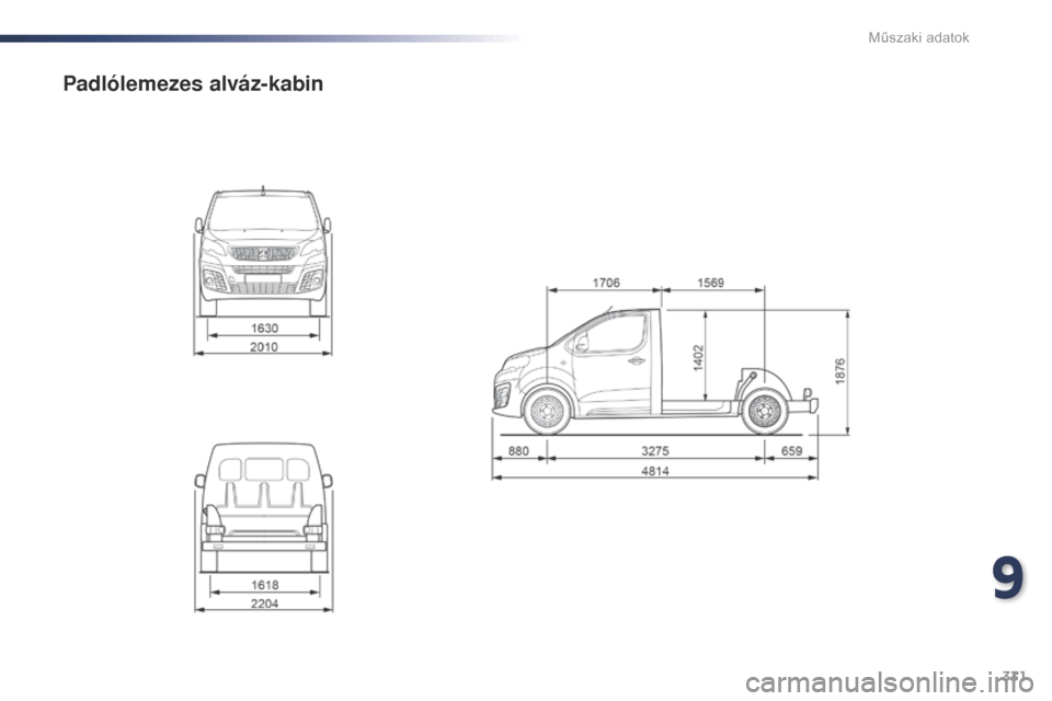 Peugeot Expert VU 2016  Kezelési útmutató (in Hungarian) 331
Expert_hu_Chap09_caracteristiques-techniques_ed01-2016
Padlólemezes alváz-kabin
9 
Műszaki adatok  