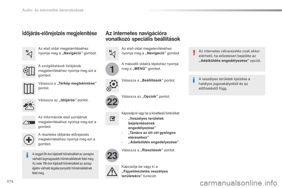 Peugeot Expert VU 2016  Kezelési útmutató (in Hungarian) 376
22
23
1
Expert_hu_Chap10b_NAC-1_ed01-2016
Az internetes navigációra 
vonatkozó speciális beállítások
Az internetes célravezetés csak akkor 
elérhető, ha előzetesen bejelölte az 
„Ad