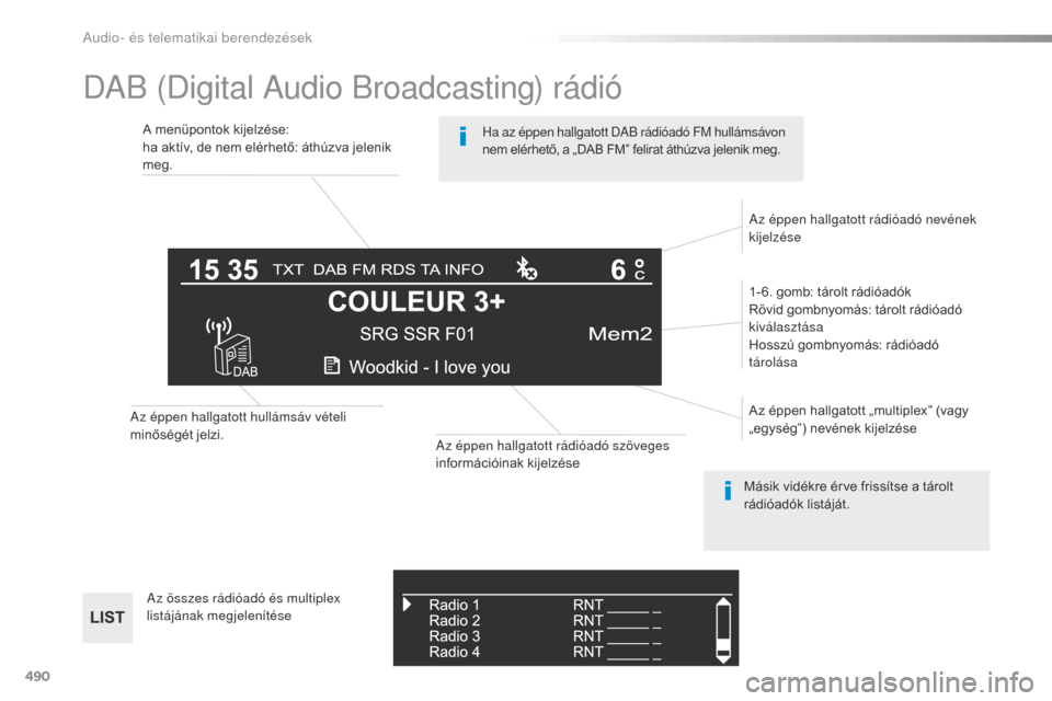 Peugeot Expert VU 2016  Kezelési útmutató (in Hungarian) 490
DAB (Digital Audio Broadcasting) rádió
A menüpontok kijelzése:
ha aktív, de nem elérhető: áthúzva jelenik 
meg.1- 6. gomb: tárolt rádióadók
Rövid gombnyomás: tárolt rádióadó 
ki